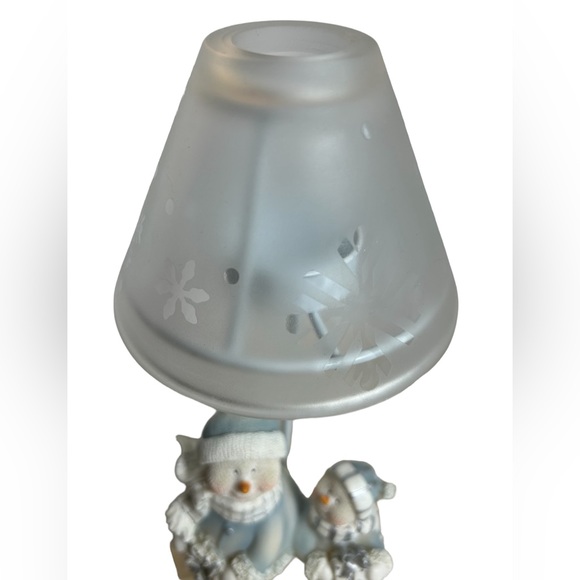 Snowmen Tea Light Votive Lamp Glass Snowflake Shade Blue White Christmas Vtg - Picture 3 of 8